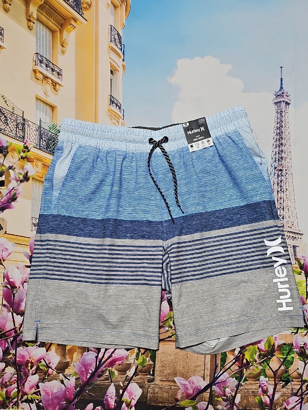 Hurley Blue and Gray Striped Volley Swim Shorts Medium New